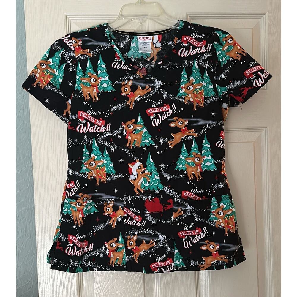 WOMENS Rudolph Red Nose Reindeer Christmas Nurse Scrubs Small S